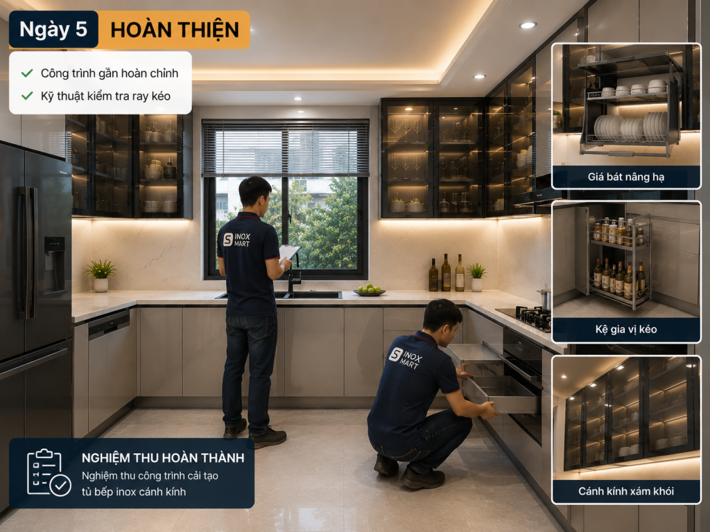 Nghiệm thu công trình cải tạo tủ bếp inox cánh kính