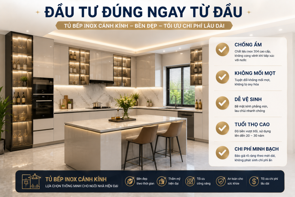 Tủ bếp inox cánh kính hiện đại bền đẹp và tối ưu chi phí lâu dài