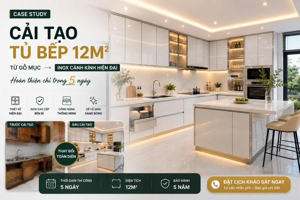Case Study: Cải Tạo Tủ Bếp 12m² Từ Gỗ Mục Thành Tủ Bếp Inox Cánh Kính Hiện Đại Chỉ Trong 5 Ngày