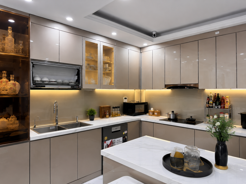 Hệ tủ trên kịch trần trong công trình tủ bếp inox Long Biên