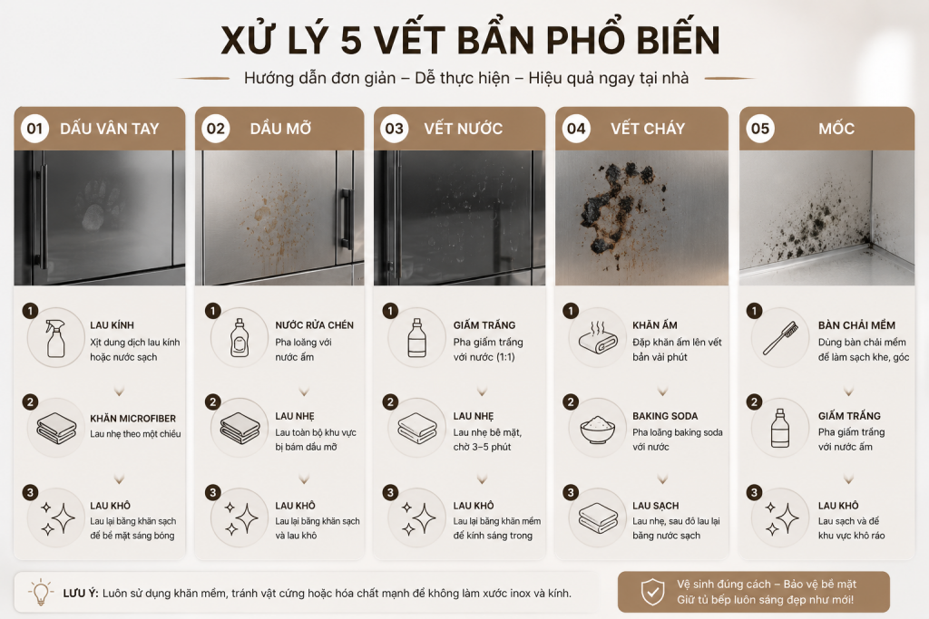 Hướng dẫn xử lý các vết bẩn trên tủ bếp inox