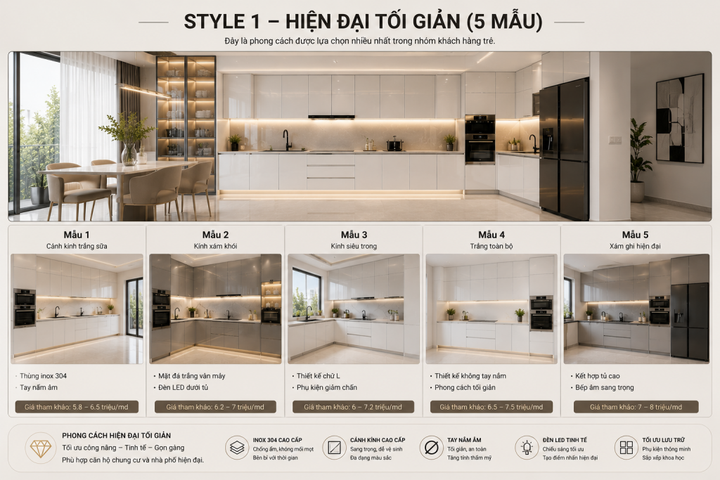 Mẫu tủ bếp inox cánh kính đẹp phong cách hiện đại tối giản năm 2026