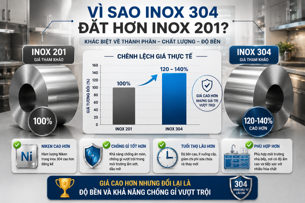 Chênh lệch giá thực tế giữa inox 304 và inox 201