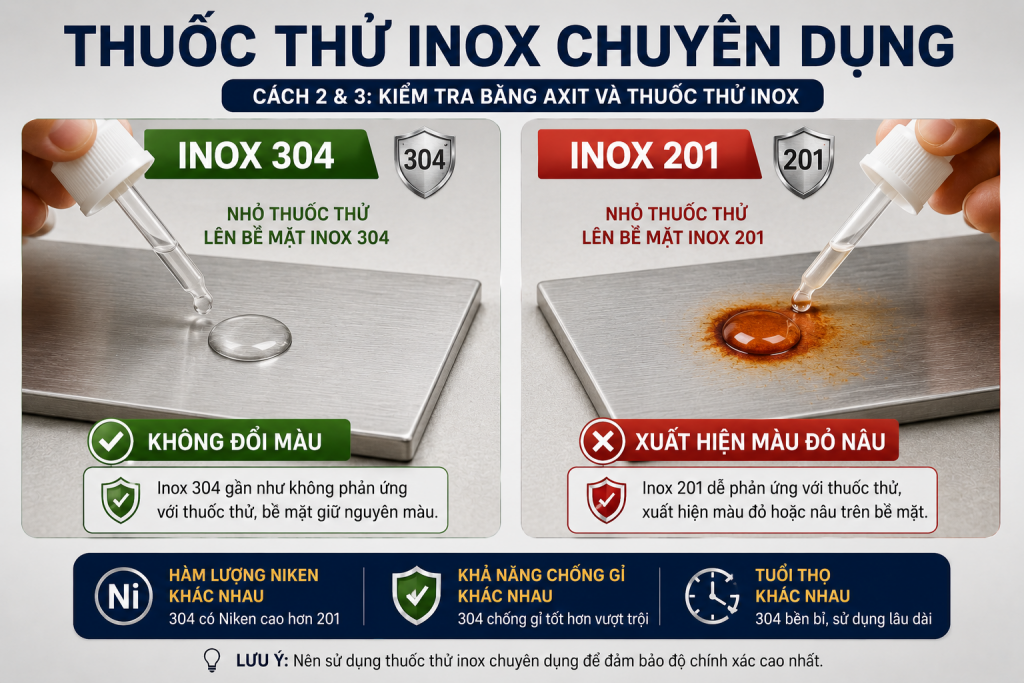 Kiểm tra inox 304 và inox 201 bằng thuốc thử chuyên dụng