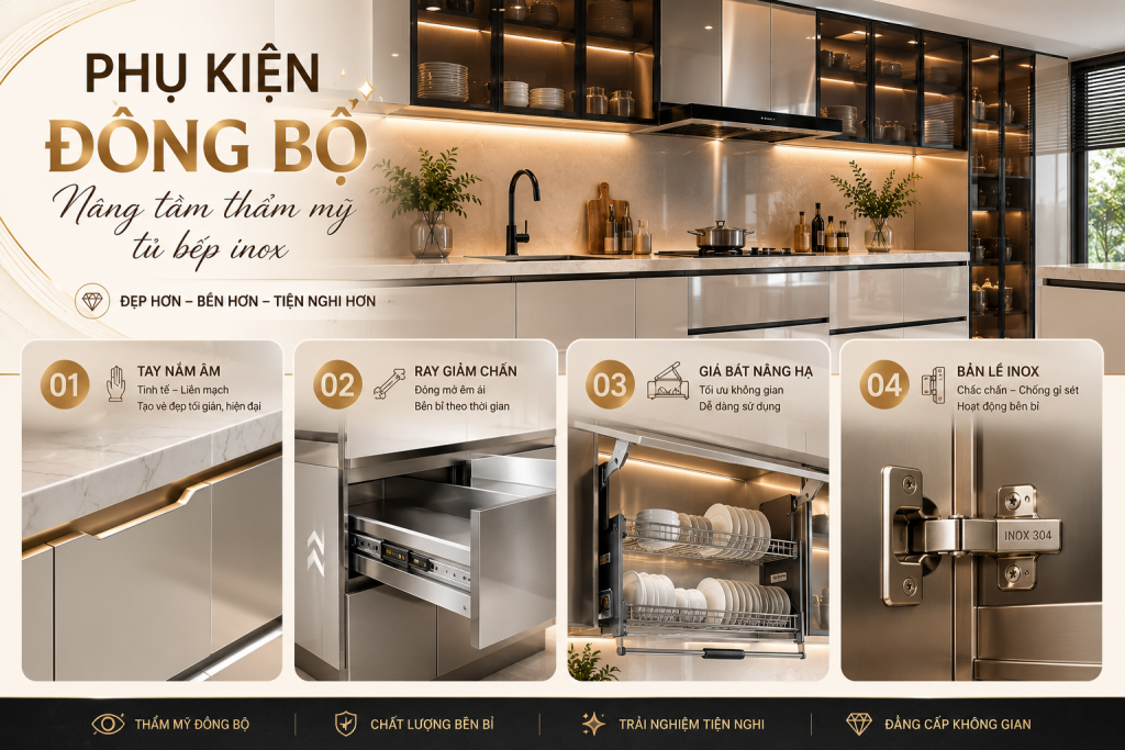 Phụ kiện đồng bộ nâng tầm thẩm mỹ tủ bếp inox
