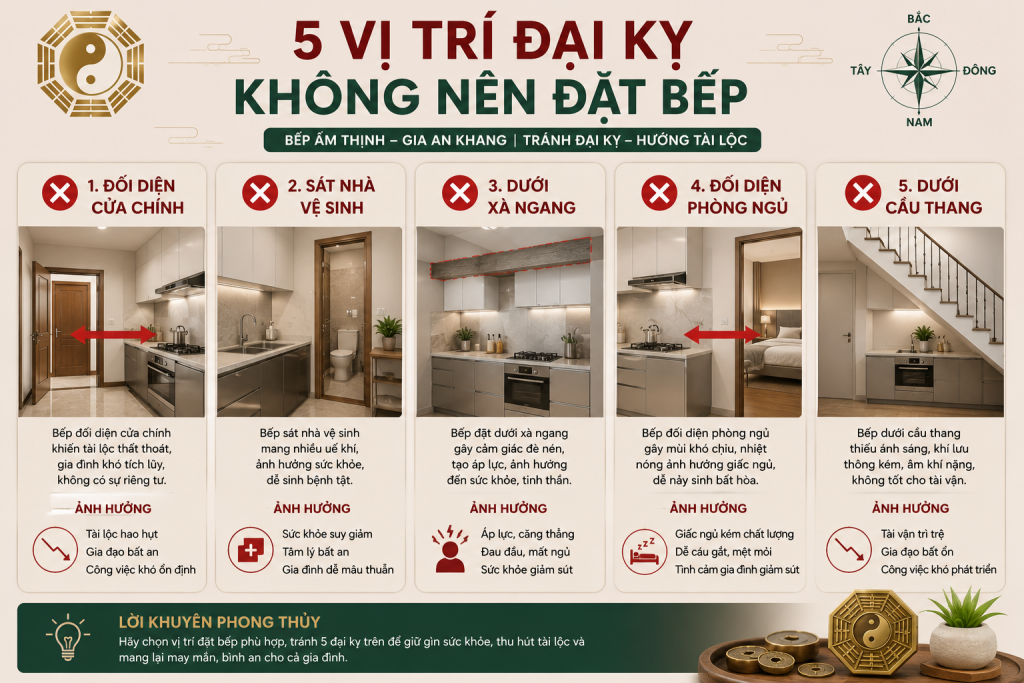 Các vị trí đại kỵ khi đặt bếp trong nhà