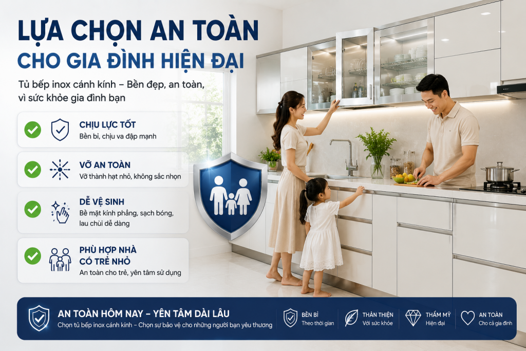 Tủ bếp inox cánh kính an toàn cho gia đình có trẻ nhỏ
