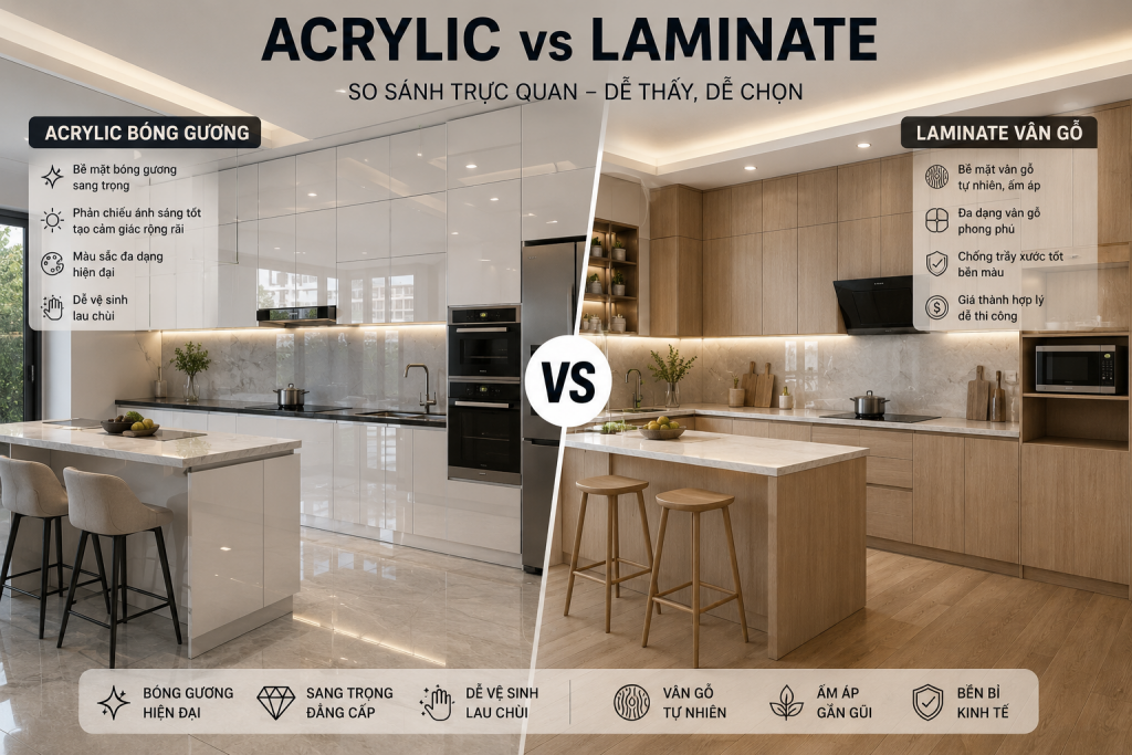 Acrylic vs Laminate trong thiết kế tủ bếp hiện đại
