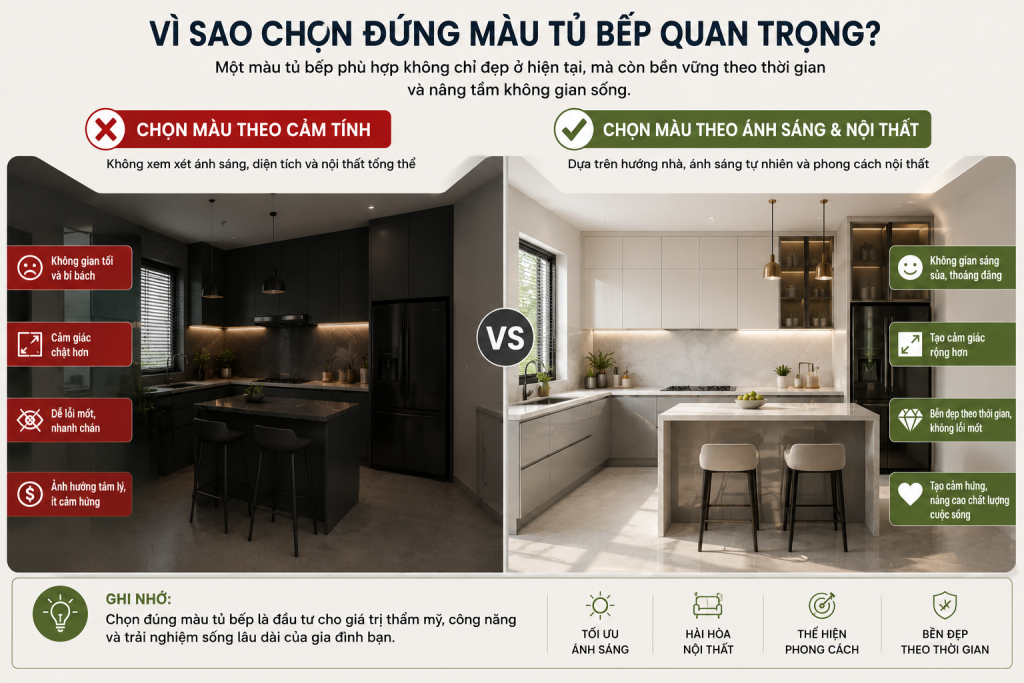 Chọn màu tủ bếp phù hợp giúp không gian đẹp và rộng hơn