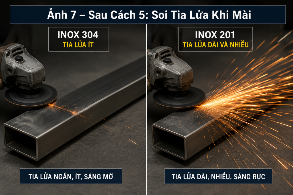 So sánh tia lửa của inox 304 và inox 201 khi mài