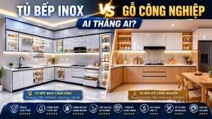 Tủ bếp inox và gỗ công nghiệp MDF HDF Acrylic Laminate so sánh tổng thể