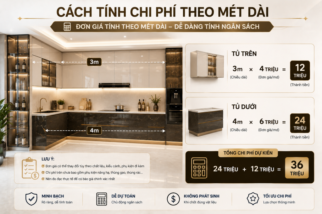 Ví dụ tính ngân sách tủ bếp inox cánh kính theo mét dài