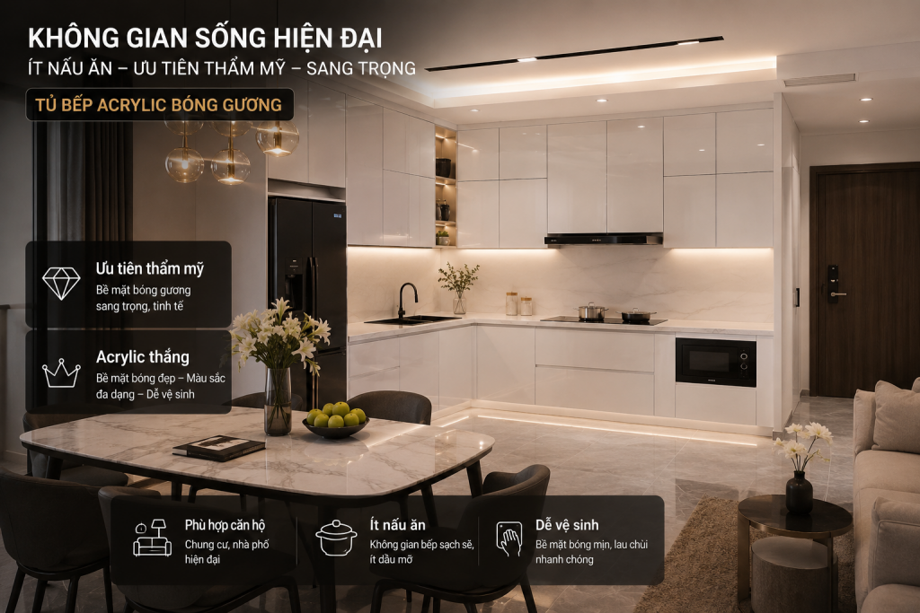 Tủ bếp Acrylic phù hợp căn hộ ít sử dụng và ưu tiên thẩm mỹ