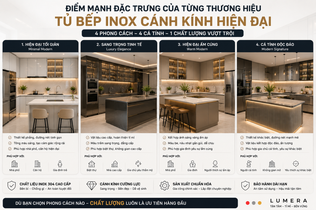 Các phong cách thiết kế tủ bếp inox cánh kính hiện đại