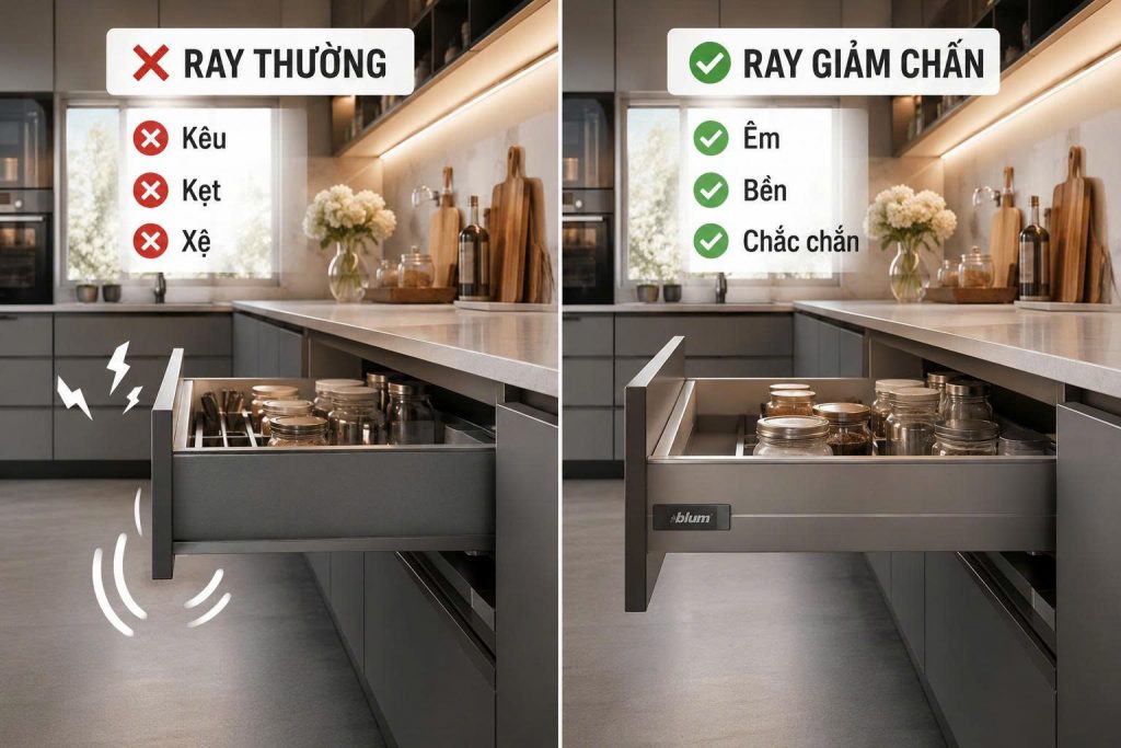 Ngăn kéo tủ bếp inox 304 hiện đại trong căn bếp gia đình