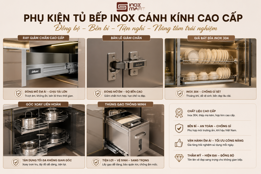Phụ kiện tủ bếp inox cánh kính cao cấp