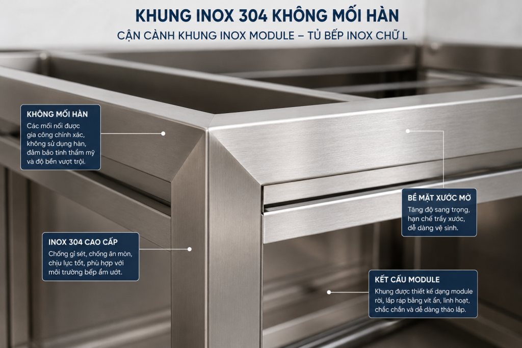 Khung inox 304 không mối hàn của tủ bếp inox chữ L