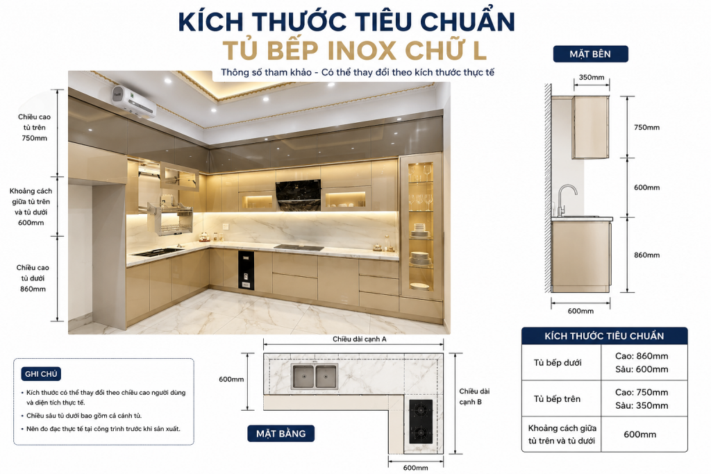 Kích thước tiêu chuẩn của tủ bếp inox chữ L