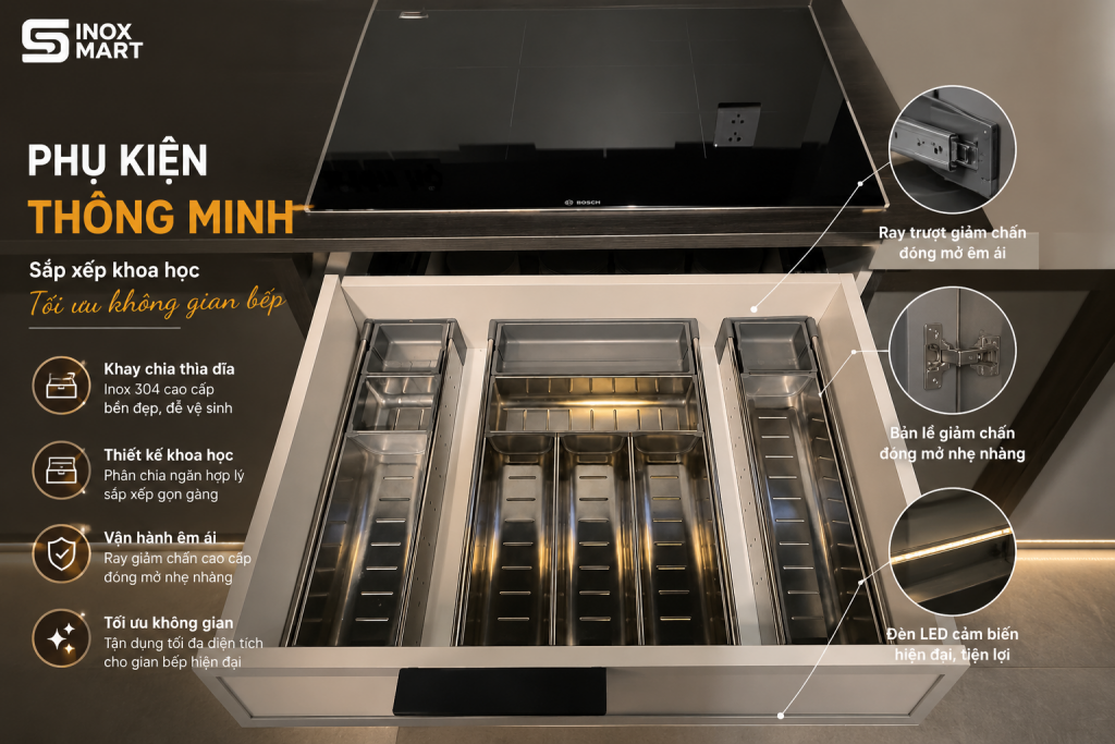 Phụ kiện thông minh giúp tủ bếp inox vận hành êm ái