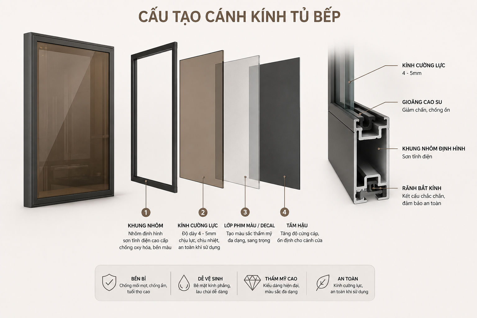Cấu tạo cánh kính tủ bếp khung nhôm kính cường lực
