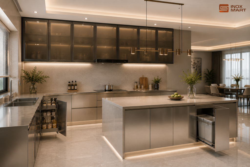 Không gian bếp Luxury với tủ bếp inox cánh kính cao cấp, đảo bếp sang trọng
