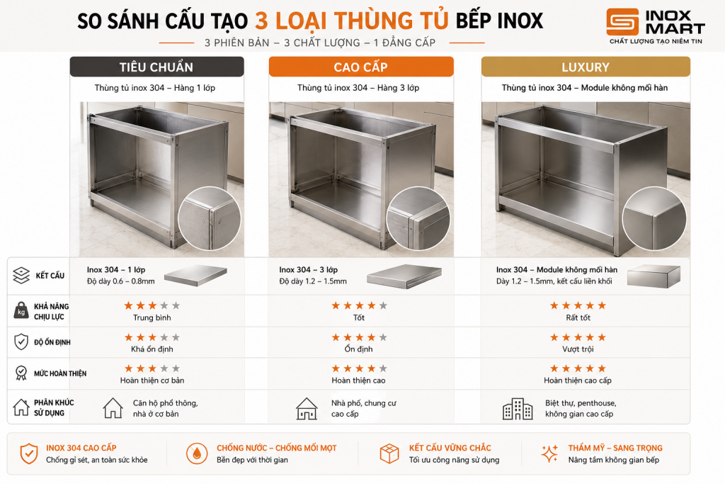 So sánh cấu tạo thùng tủ bếp inox