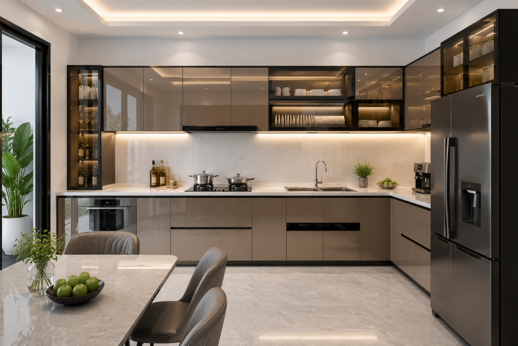 Tủ bếp inox cánh kính hiện đại trong không gian bếp gia đình