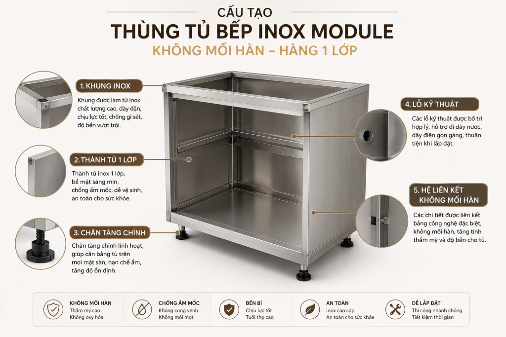 Cấu tạo Thùng Tủ Bếp Inox Module Không Mối Hàn Hàng 1 Lớp