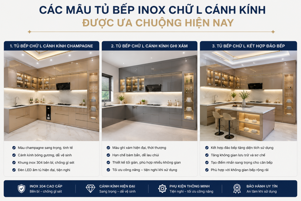 Các mẫu tủ bếp inox chữ L cánh kính được ưa chuộng