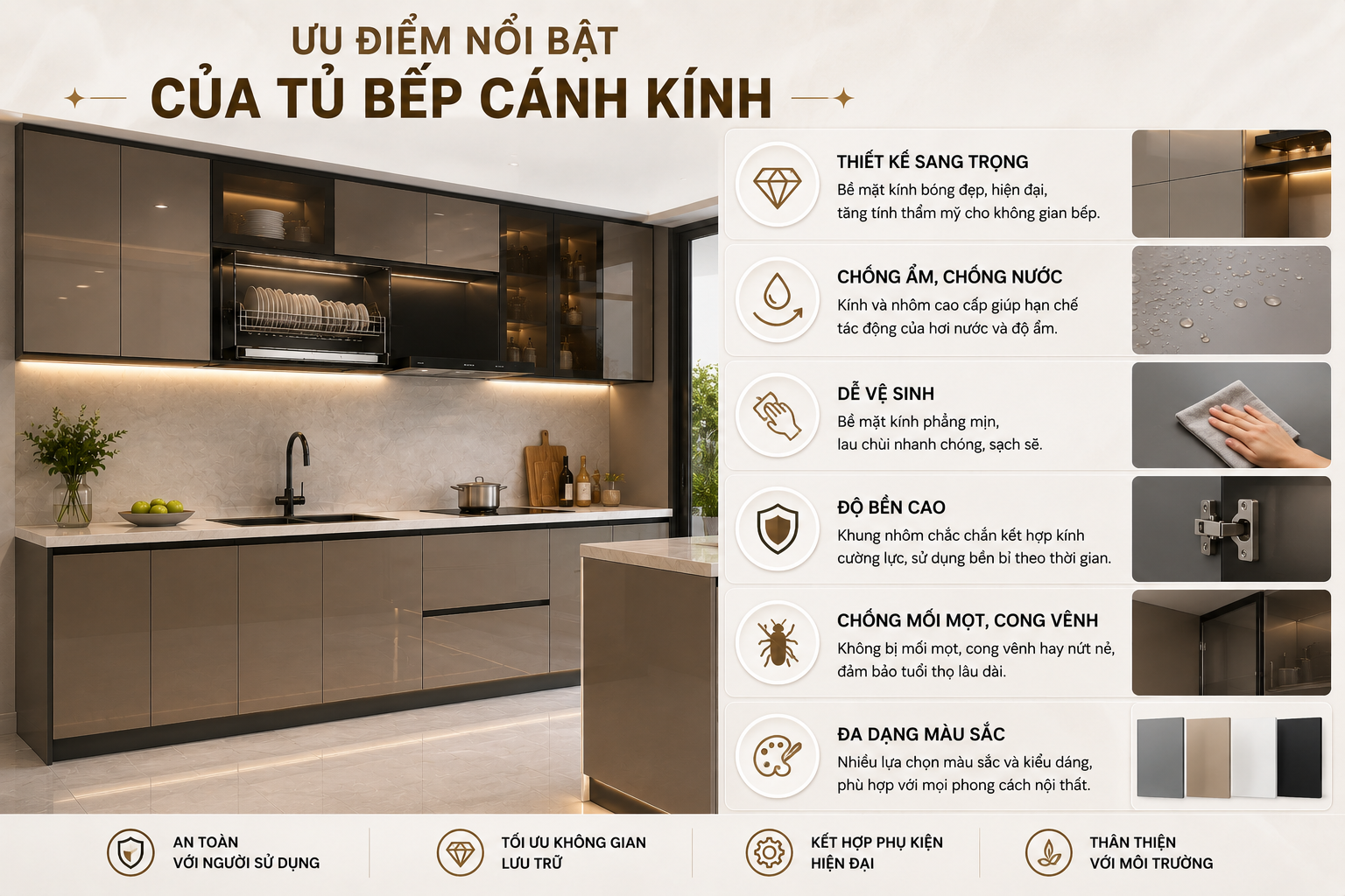 Ưu điểm nổi bật của tủ bếp cánh kính