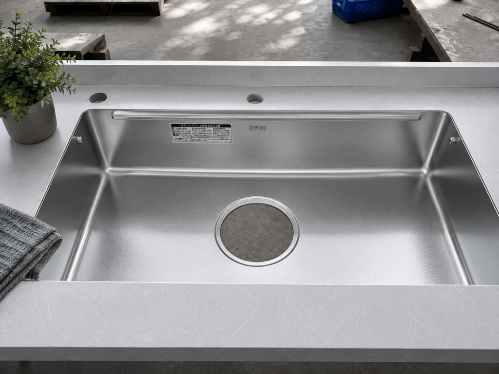 Mặt bàn inox vân sét liền chậu rửa âm trong tủ bếp hiện đại