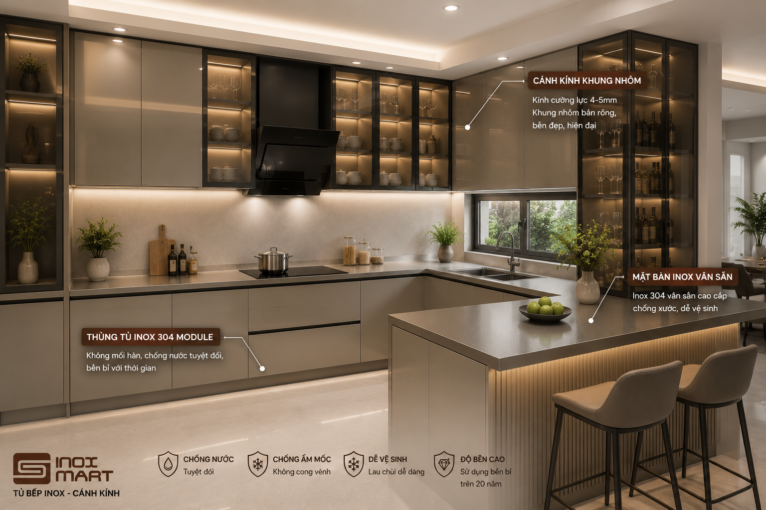 Cánh kính kết hợp thùng tủ inox 304