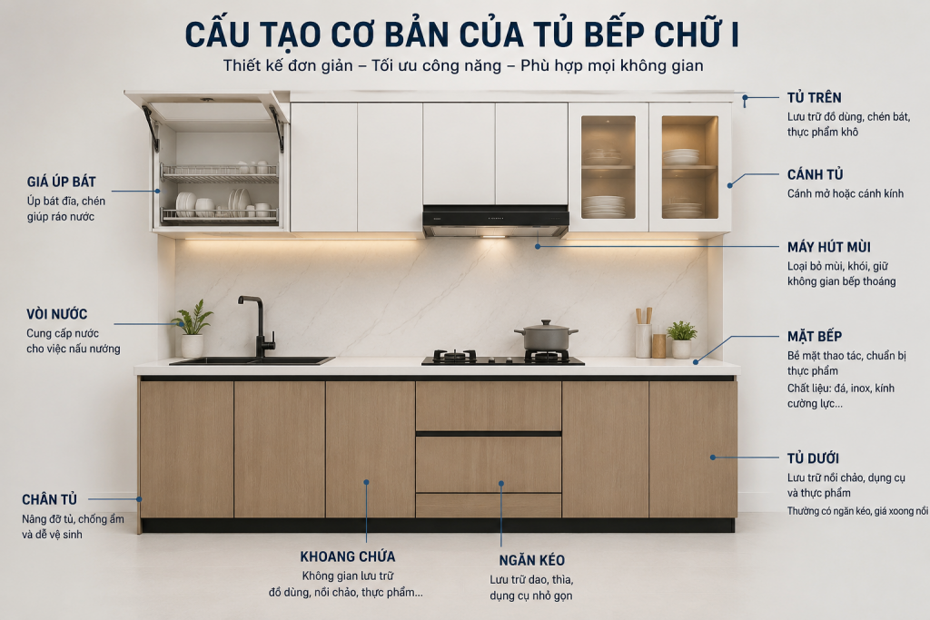 Cấu tạo cơ bản của tủ bếp chữ I