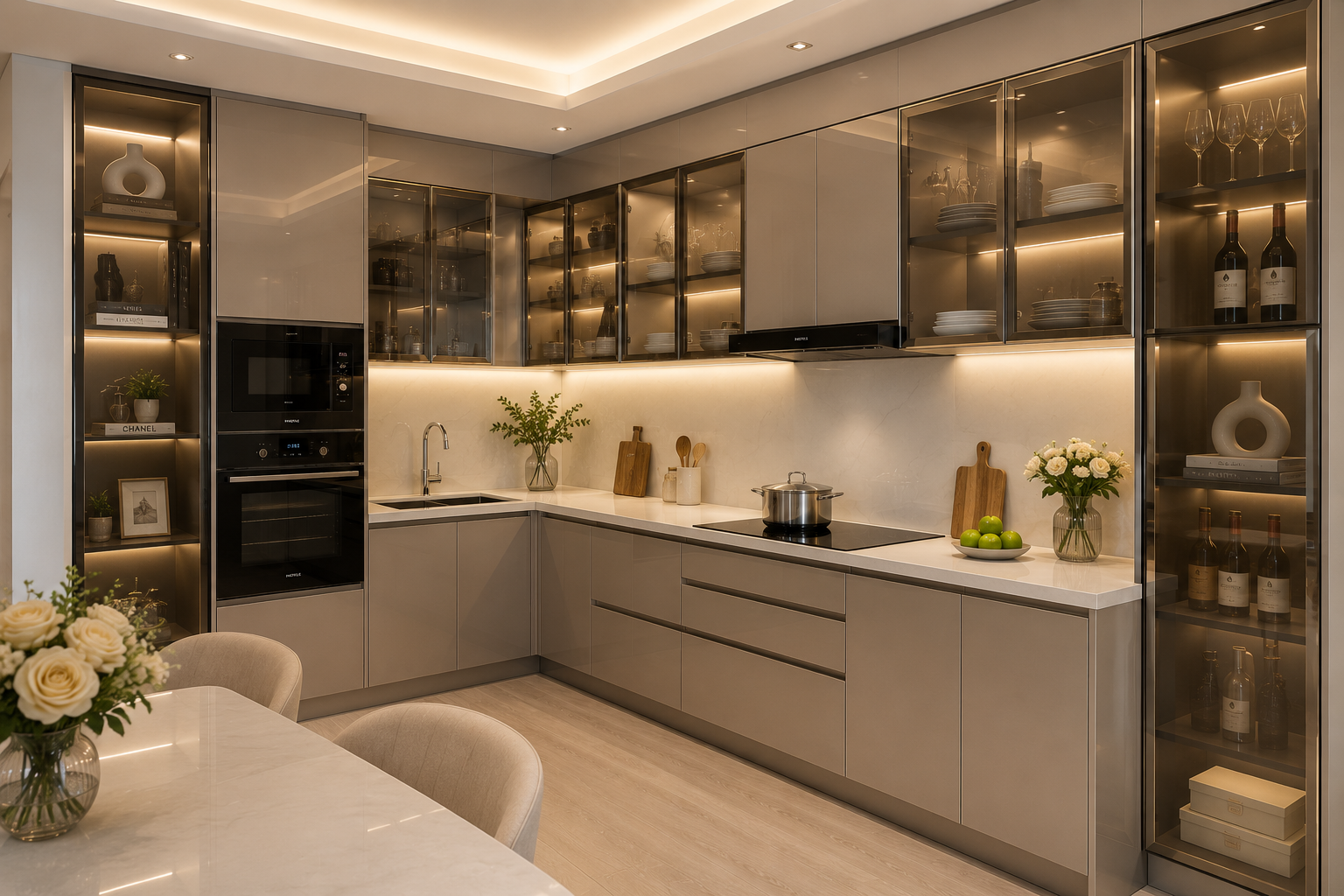 Tủ bếp inox cánh kính hiện đại trong không gian nhà ở