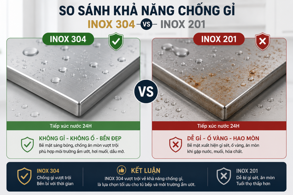 Khả năng chống gỉ của inox 304 và inox 201