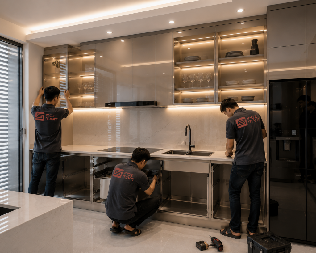 Thi công tủ bếp inox đúng kỹ thuật đảm bảo độ bền và thẩm mỹ