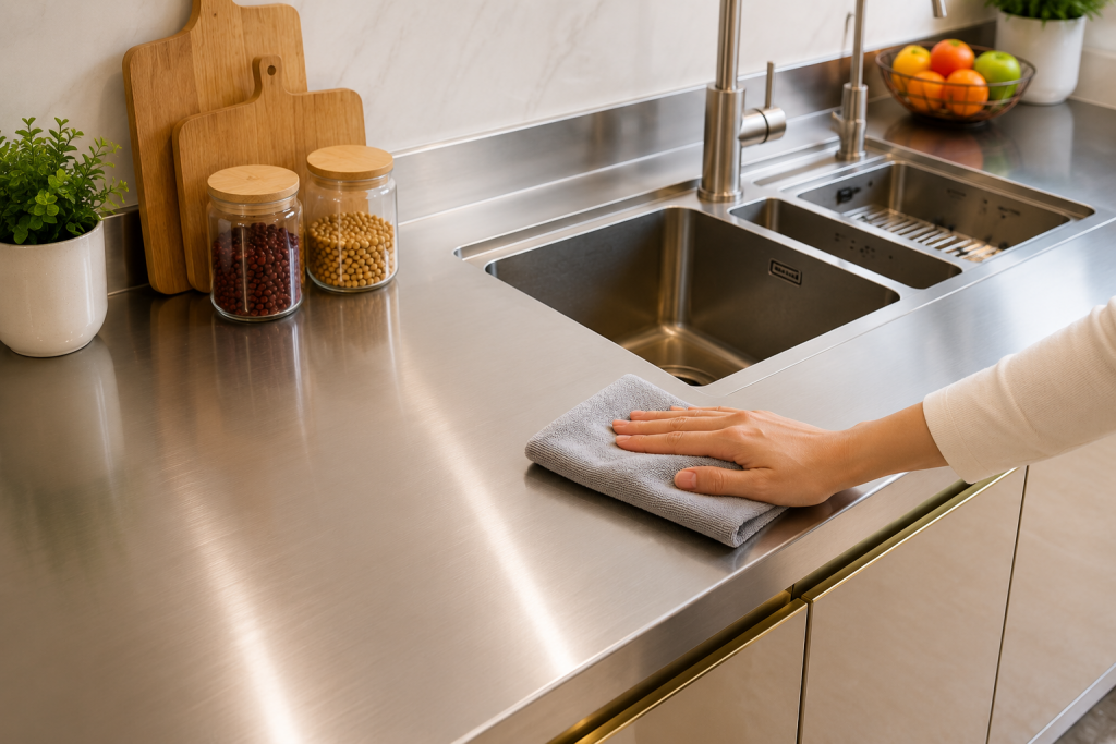 Vệ sinh mặt bàn bếp inox liền chậu