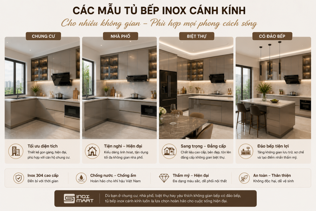 Các mẫu tủ bếp inox cánh kính cho nhiều không gian