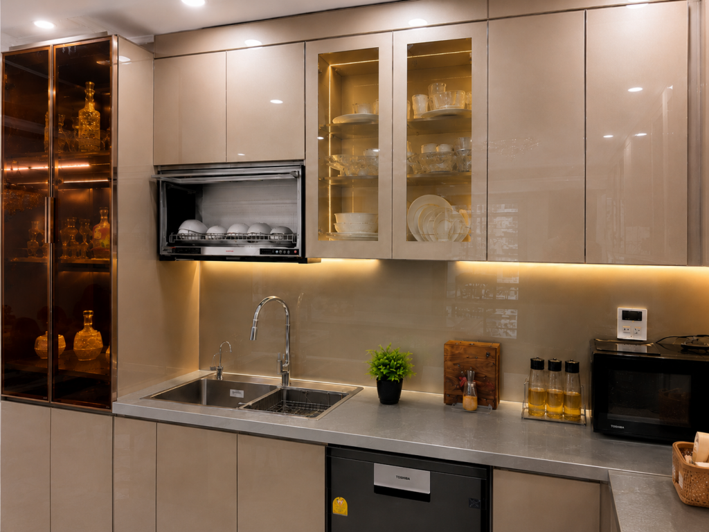 Mặt bàn inox vân sước trong không gian bếp hiện đại