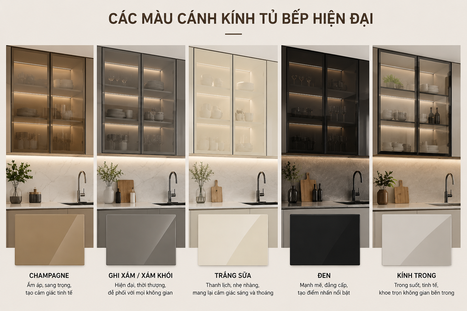 Các màu cánh kính tủ bếp hiện đại