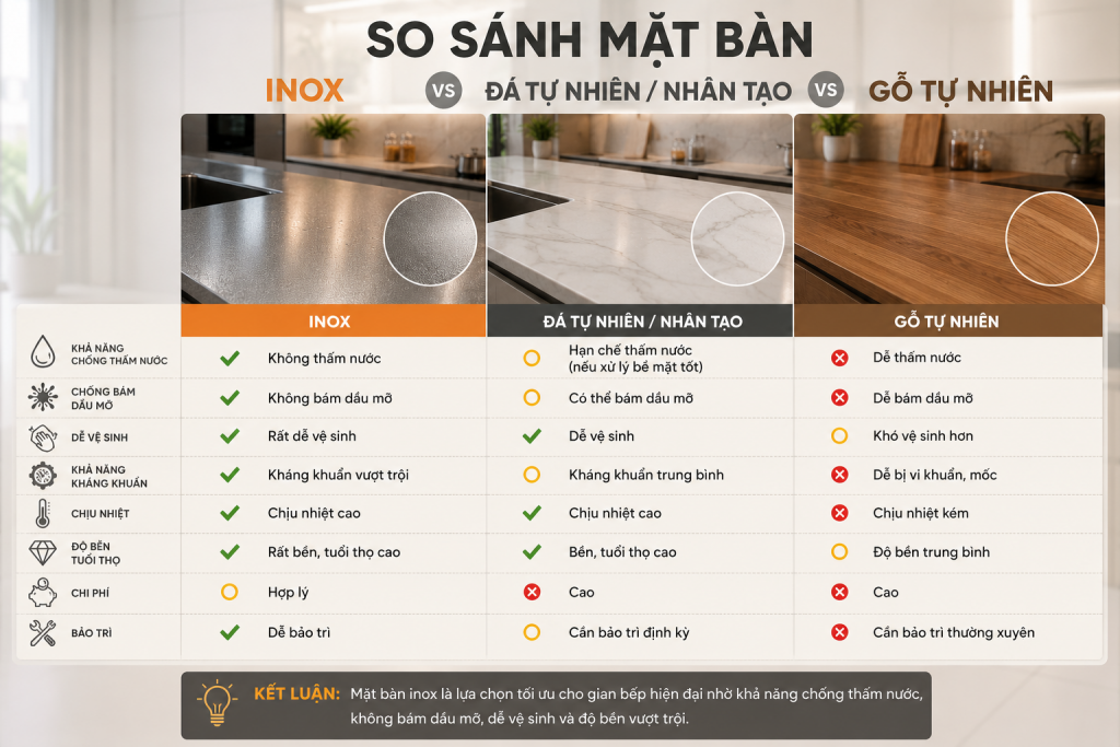 So sánh mặt bàn inox và mặt bàn đá, và gỗ tự nhiên