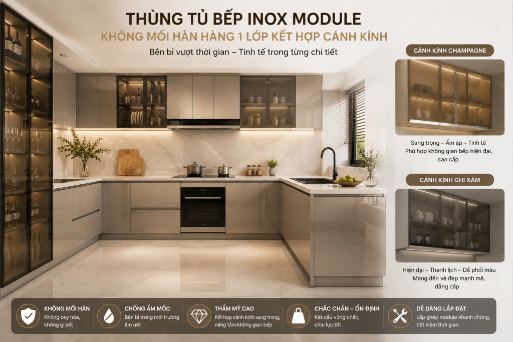 Thùng Tủ Bếp Inox Module Không Mối Hàn Hàng 1 Lớp kết hợp cánh kính