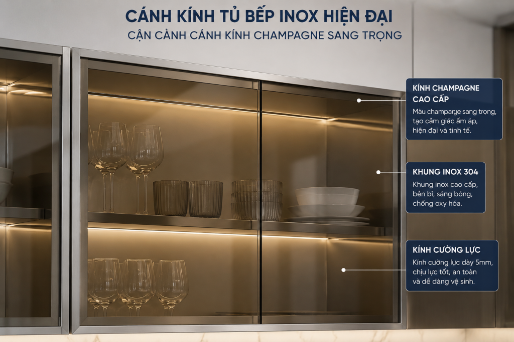 Cánh kính tủ bếp inox hiện đại màu champagne sang trọng