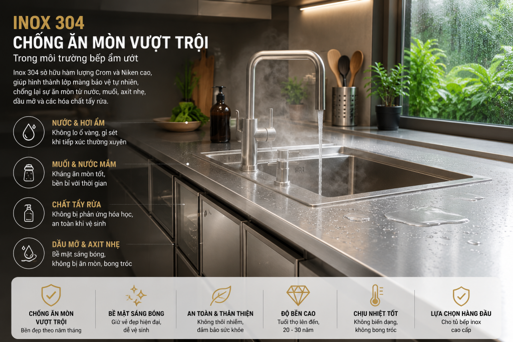 Inox 304 chống ăn mòn trong môi trường bếp