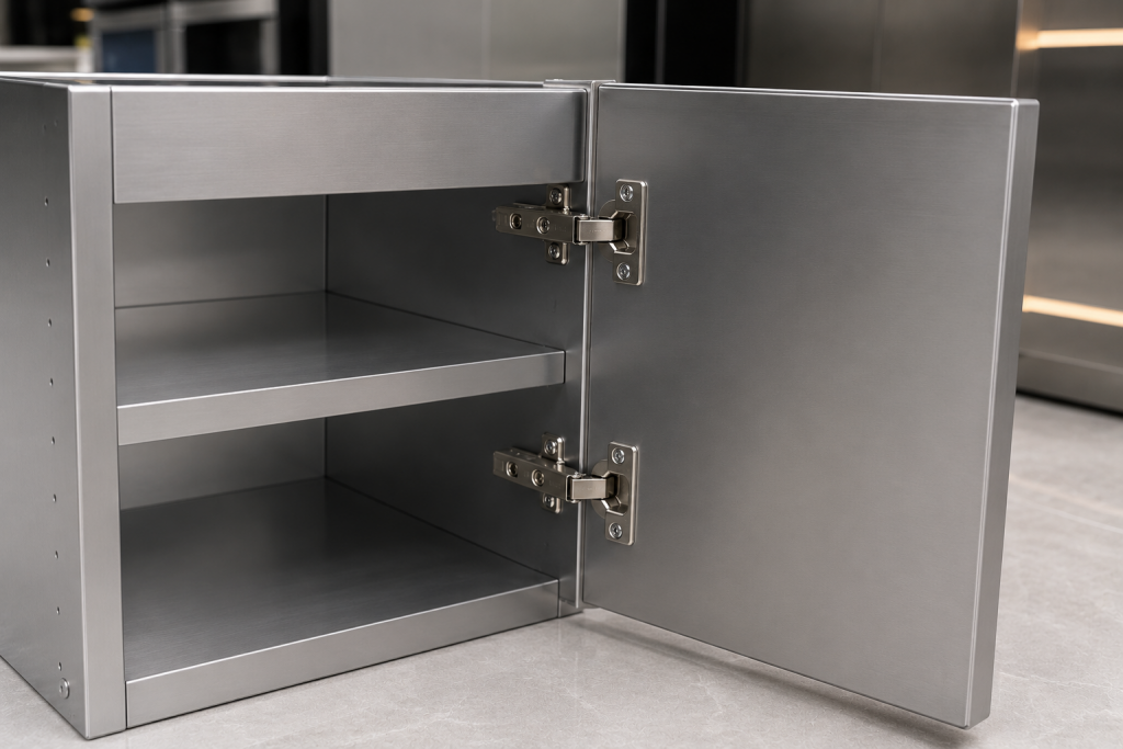 Bản lề giảm chấn trên thùng tủ bếp inox module