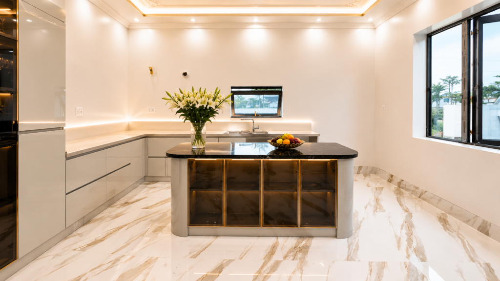 Tủ bếp inox cánh kính Nam Định hiện đại do Inoxmart thi công