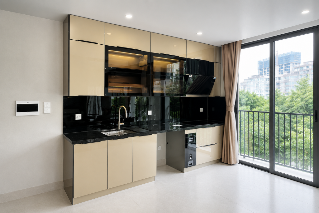 Tủ bếp inox cánh kính màu champagne hiện đại với hệ tủ kịch trần và mặt bàn màu đen