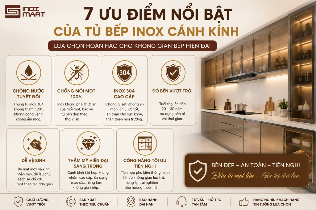 Ưu điểm của tủ bếp inox cánh kính