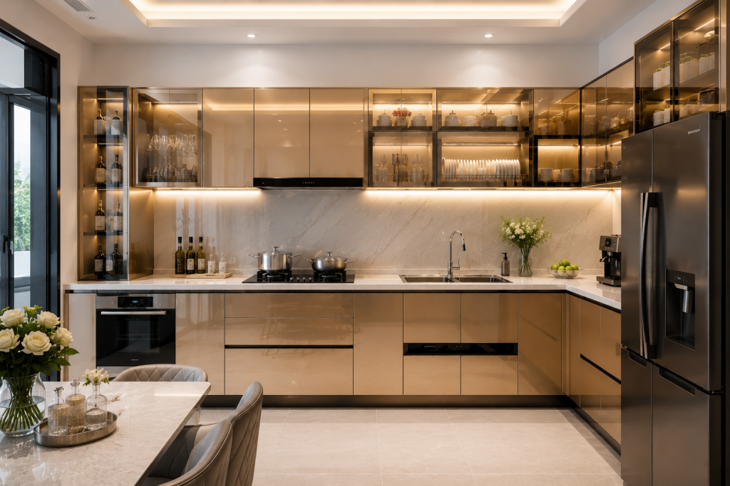 Mẫu tủ bếp inox cánh kính hiện đại màu champagne