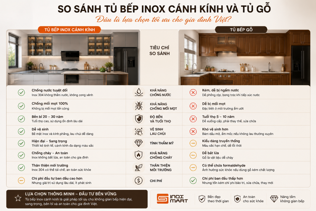 So sánh tủ bếp inox cánh kính và tủ gỗ